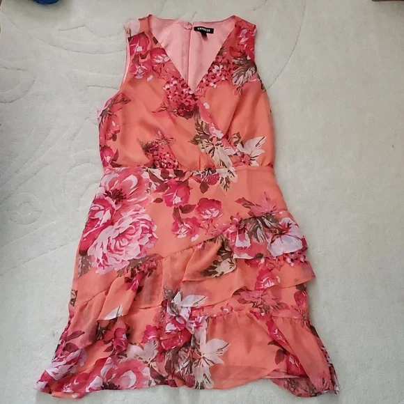 express orange and pink dress New Express Women Colorblock Pink Orange Strappy Crepe Lined Tiered Maxi Dress S